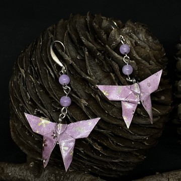 Boucles d'oreilles en alliage de laiton avec papillon en origami et perles en améthyste