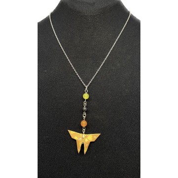 Collier chocker en acier inoxydable avec un papillon en origami et des perles de lave et d'agate orange